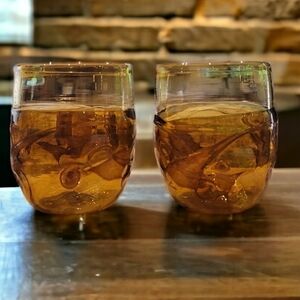 Federick Warren Signed Vintage Amber Handblown Art Glass Swirl Tumblers 1987